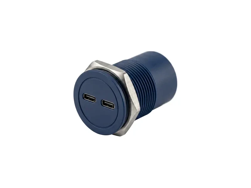 USB-C-Einbausteckdose PS-USBC30 mit zwei Ports im blauen Gehäuse mit Edelstahl-Befestigungsmutter